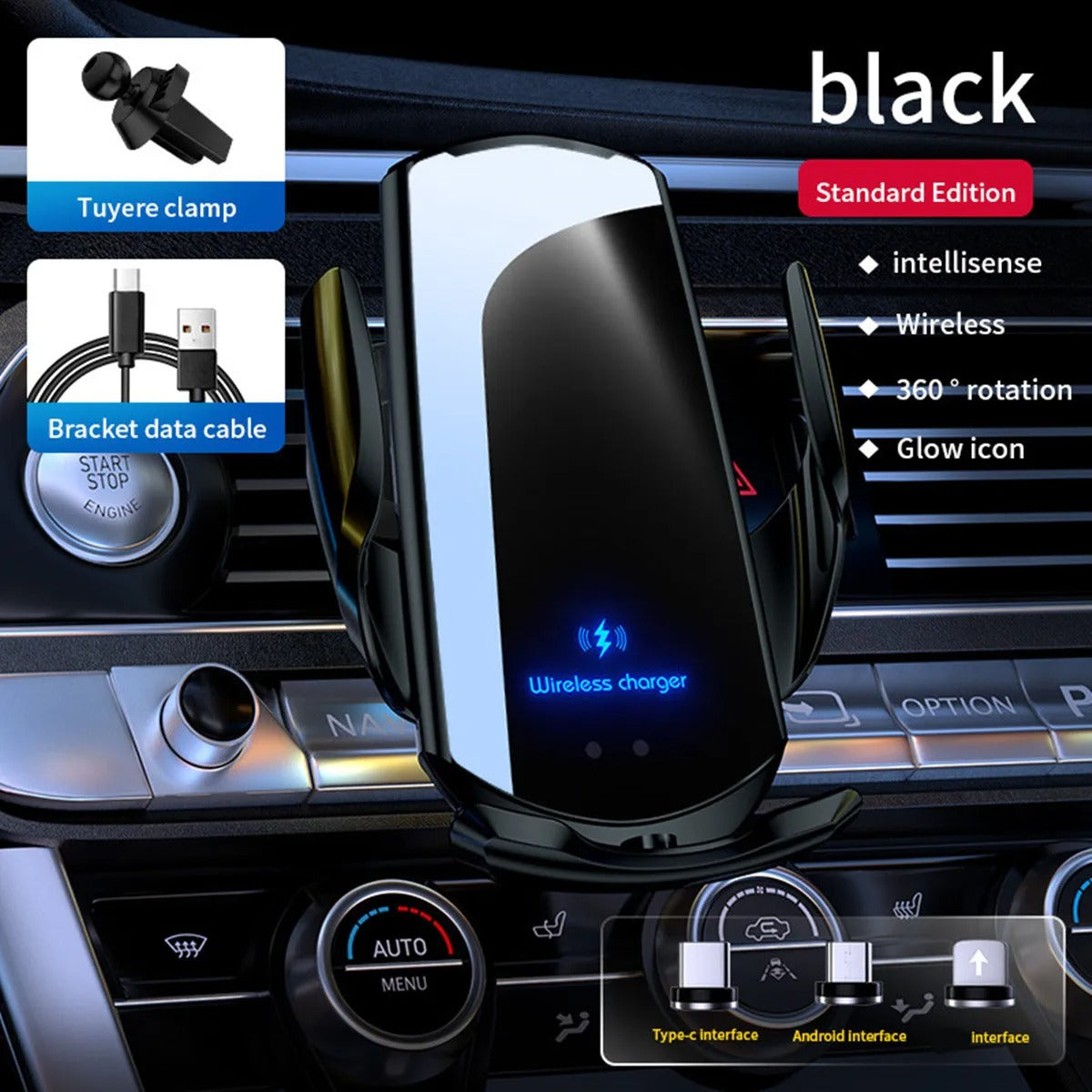 حامل هاتف للسيارة مع شاحن لاسلكي ذكي – دوران 360° ومستشعر تلقائي / Support de Téléphone Voiture avec Chargeur Sans Fil Intelligent – Rotation 360°