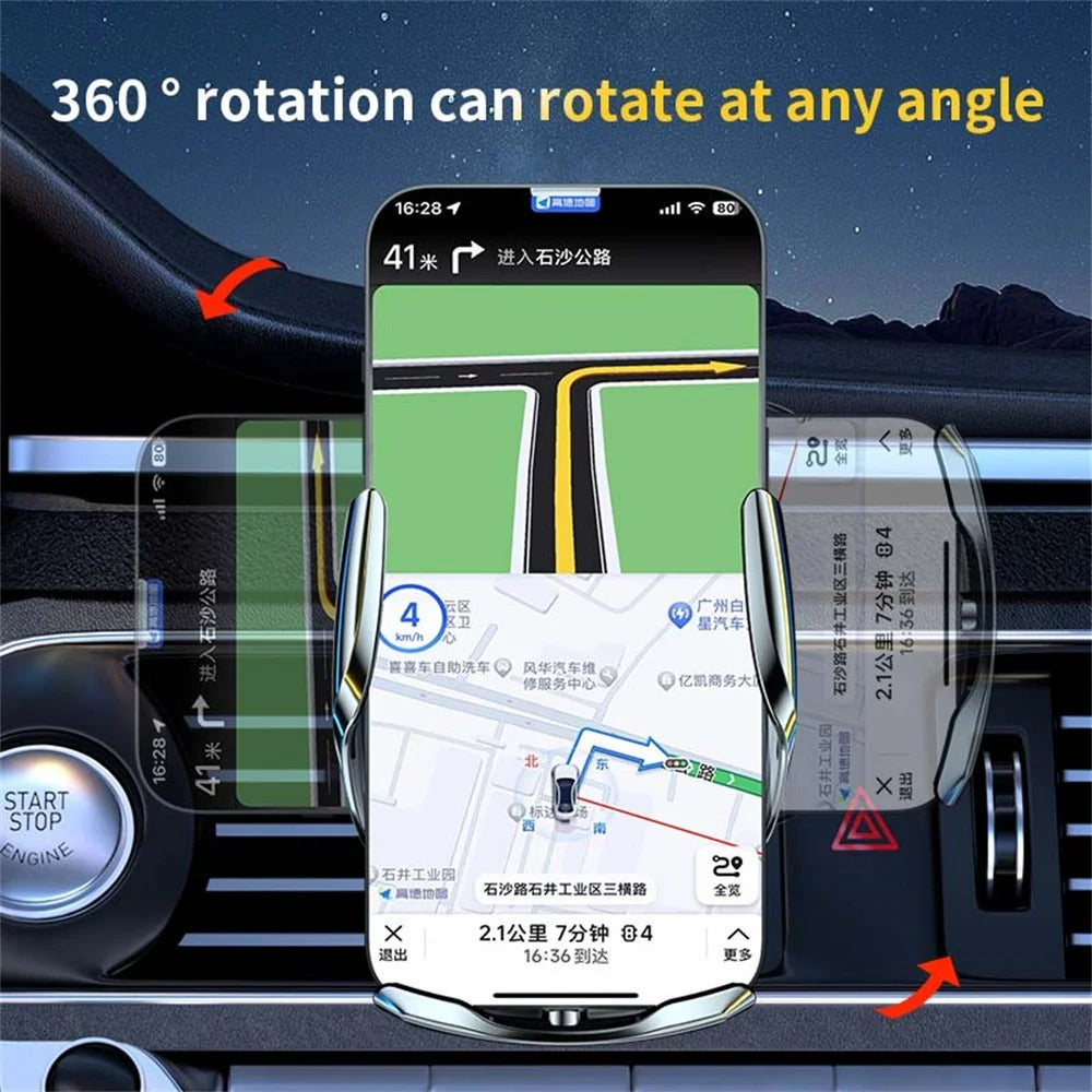 حامل هاتف للسيارة مع شاحن لاسلكي ذكي – دوران 360° ومستشعر تلقائي / Support de Téléphone Voiture avec Chargeur Sans Fil Intelligent – Rotation 360°